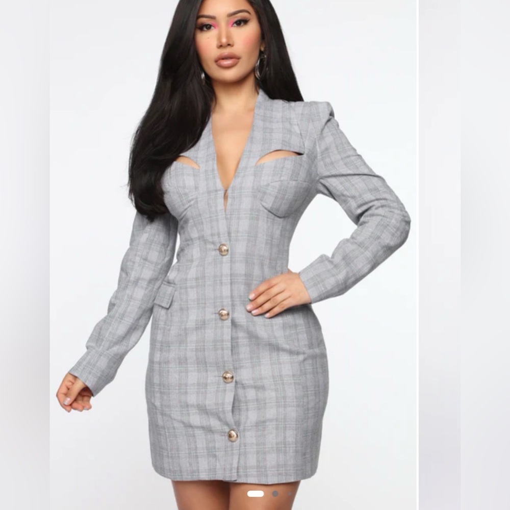 Gray Plaid Button-Up Dress